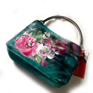 Hand Painted Vintage Handbag, Clutch, Purse, Teal, Blue, Magenta, Floral